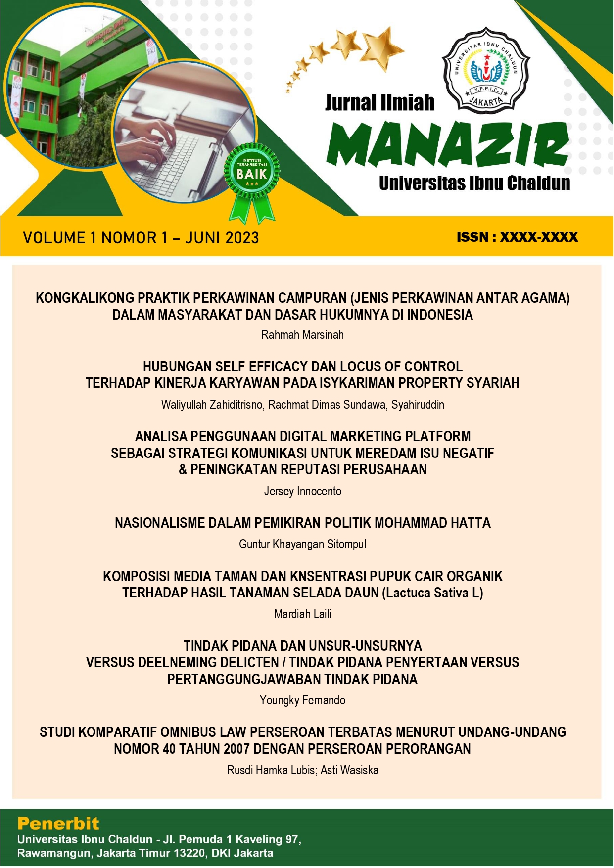 					View Vol. 1 No. 1 (2023): Manazir - Jurnal Ilmiah UIC
				